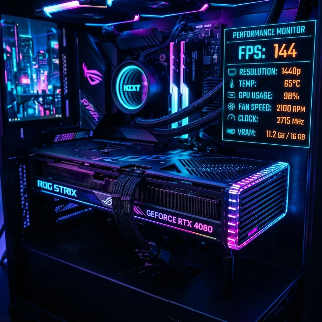 Close-up of gaming GPU with digital HUD overlay displaying real-time FPS and resolution metrics.