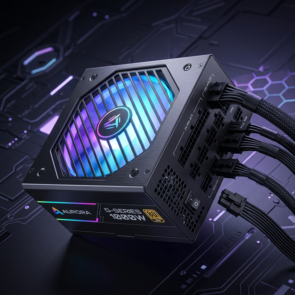 Modular gaming PC power supply unit (PSU) showing modular ports and subtle RGB cooling fan.