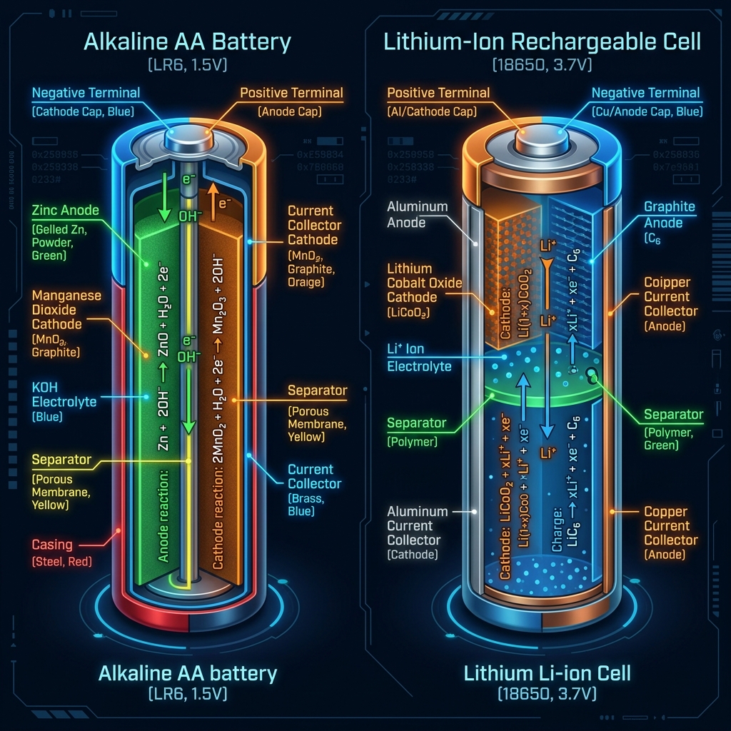 Cross-section illustration of an alkaline AA battery showing the anode, cathode, and electrolyte, next to a layered graphite and metal oxide structure of a lithium-ion cell.